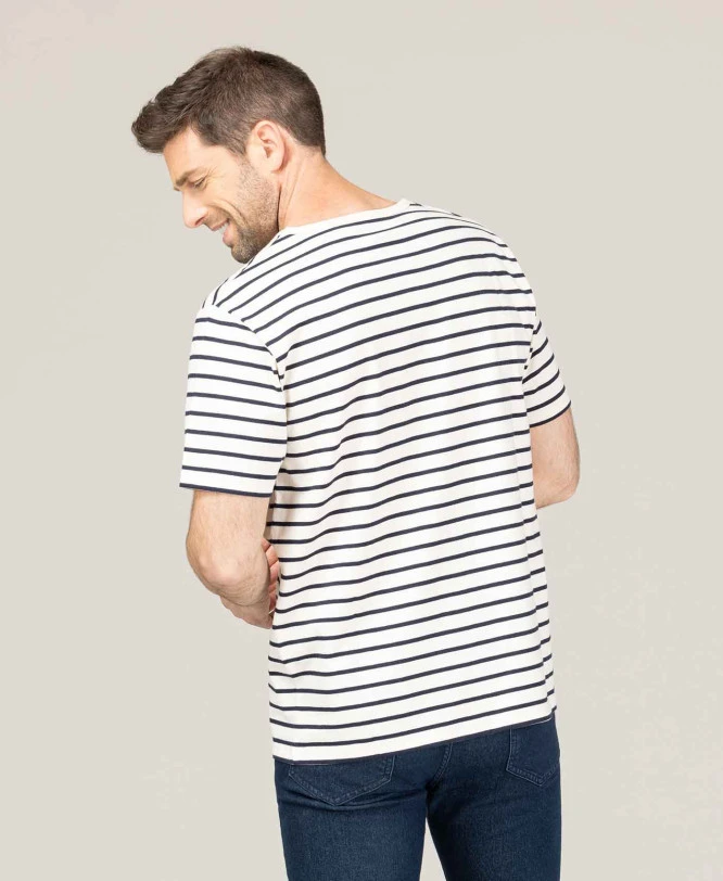 Marinière Homme Manches Courtes Fond Grège Rayé Bleu Marine 4 Marinière Homme Manches Courtes Fond Grège Rayé Bleu Marine – Image 2