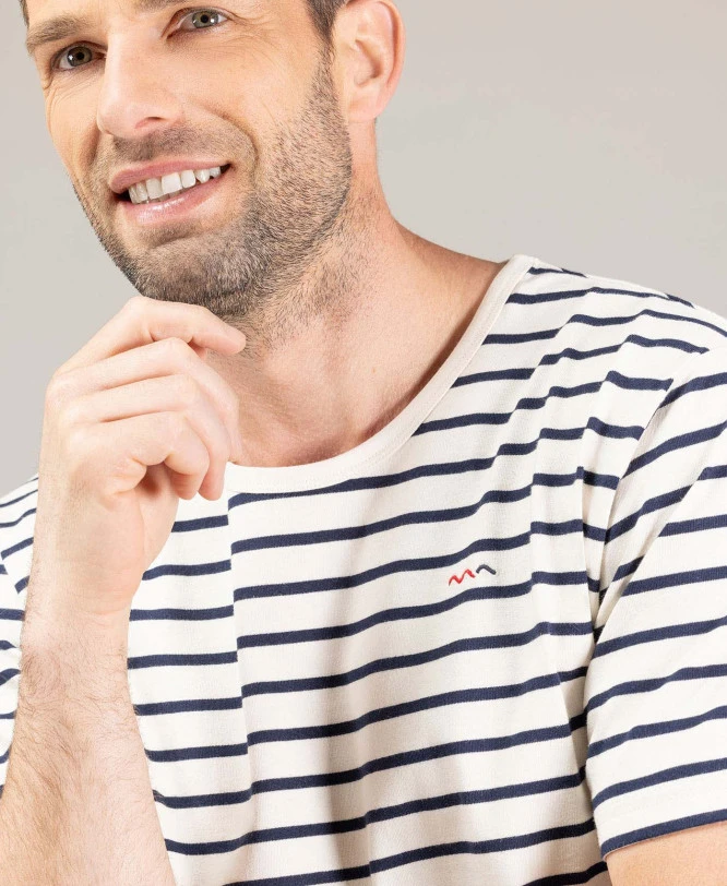 Marinière Homme Manches Courtes Fond Grège Rayé Bleu Marine 5 Marinière Homme Manches Courtes Fond Grège Rayé Bleu Marine – Image 3