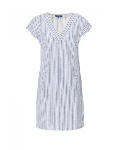 Robe Col V Femme Fond Blanc Rayures Bleues