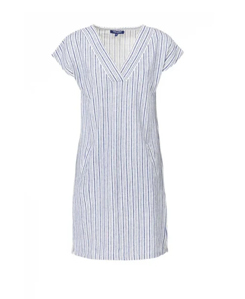 Robe Col V Femme Fond Blanc Rayures Bleues