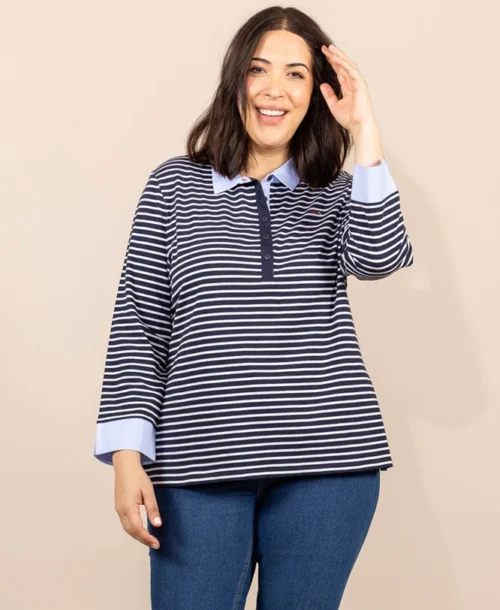 Polo Rayé Manches Longues Bleu Marine Femme