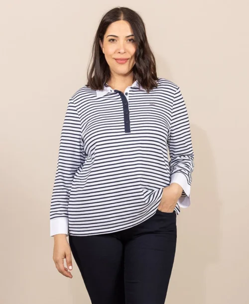 Polo Rayé Manches Longues Blanc Femme