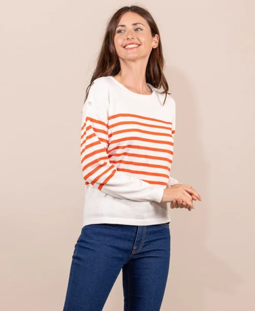Pull Marin Femme Fond Grège Rayé Orange