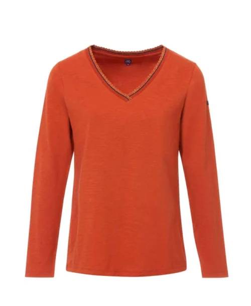 T-shirt Femme Rouge Brique Manches Longues Col V