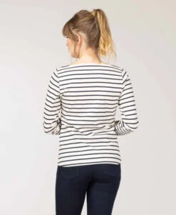 Marinière Femme Fond Grège Rayé Bleu Marine -Vetements Simples Magasin prod 9662 mariniere ml fond grege raye indigo pacage 666x812 fc7ea0111e0b