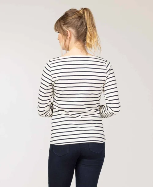 Marinière Femme Fond Grège Rayé Bleu Marine -Vetements Simples Magasin prod 9662 mariniere ml fond grege raye indigo pacage 666x812 fc7ea0111e0b