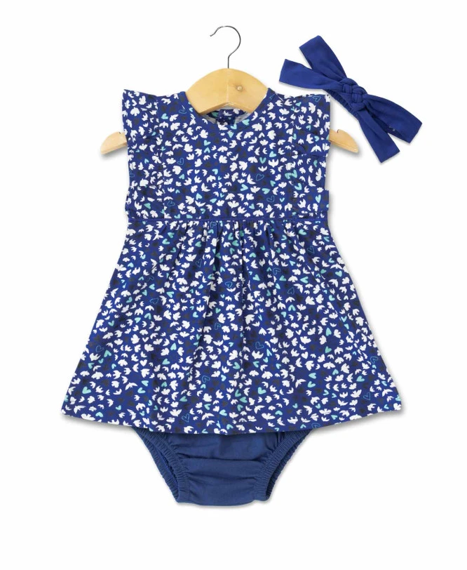 Ensemble Bébé Fille Imprimé Bleu Robe + Bloomer + Bandeau 3 Ensemble Bébé Fille Imprimé Bleu Robe + Bloomer + Bandeau