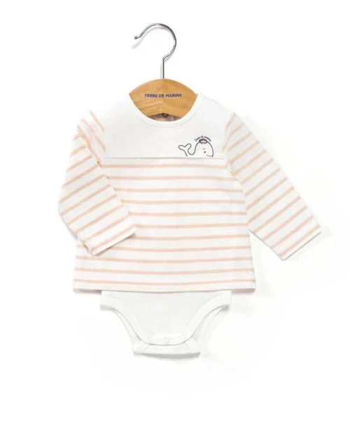 Body Marinière Bébé Fond Blanc Rayé Pêche